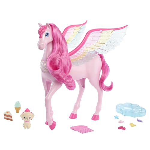 Barbie Ein Verborgener Zauber Pegasus - Interaktives Spielzeug mit Lichtern und Geräuschen, 10 Zubehörteile, Regenbogenflügel, für Kinder ab 3 Jahren, HLC41